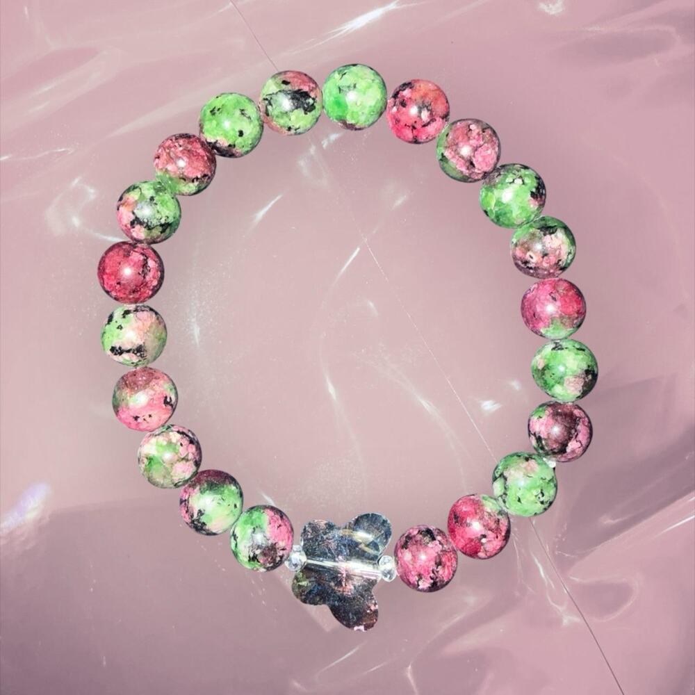 Y2K birthstone green pink butterfly beaded friendship lucky bracelet